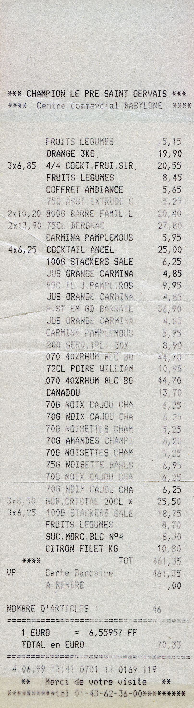 Ticket de caisse des achats faits pour le week-end, 4 juin 1999